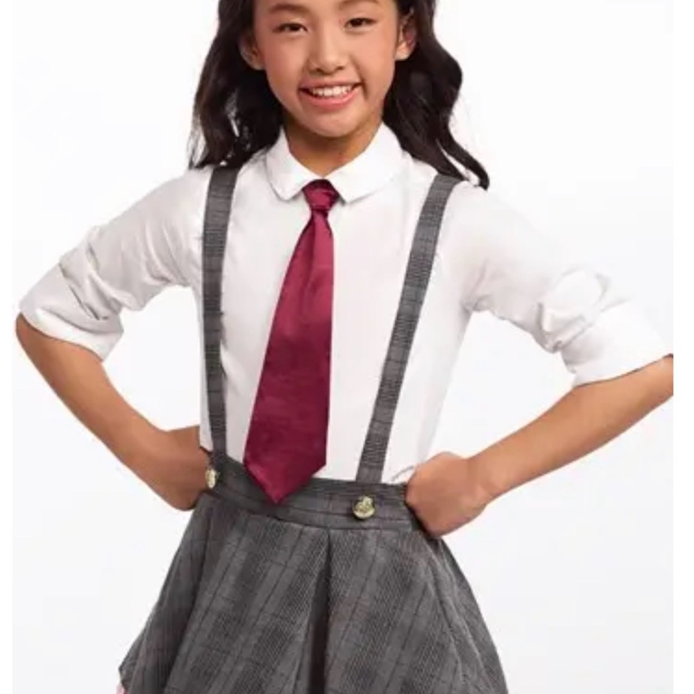 Kids Gray Suspender Skirt with Red Tie